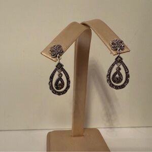 LA EARRINGS STERLING SILVER 925 MARCASITE PIERCED DROP DANGLE HINGED SIGNED 4.7g